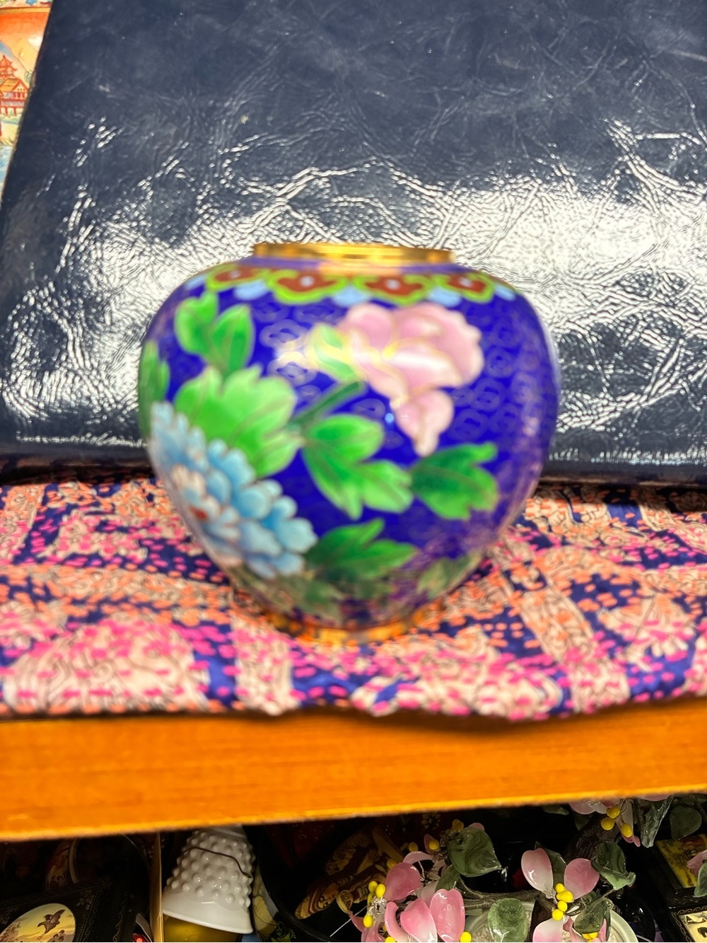 Cobalt Blue Floral Cloisonné Vase - Decorative Home Accent